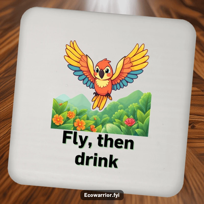Funny parrot coaster featuring a vibrant character soaring with wings spread wide, perfect for protecting surfaces with tropical style.