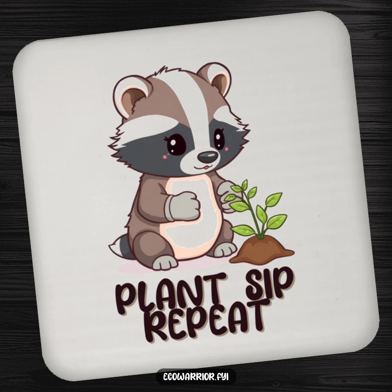 Funny drink coasters featuring a determined badger gardener in gloves, caring for a sprout, offering protection.