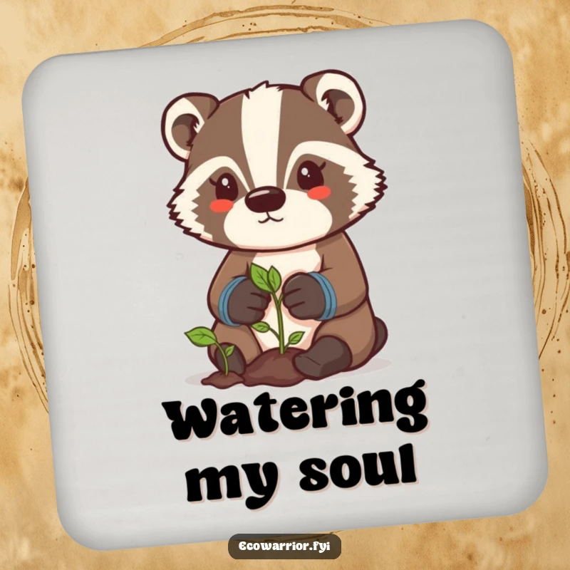 Funny badger gardener coasters featuring a determined character with gloves, tending a sprout, for humorous surface protection.