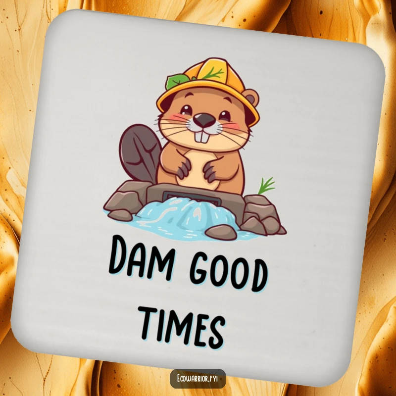 Funny Beaver Builder Coasters: A determined beaver in a leaf hard hat builds a dam, protecting surfaces with style.
