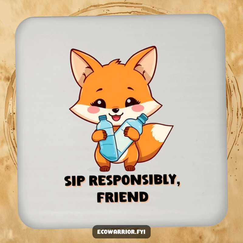 Funny drink coaster with a smiling fox character holding a reusable water bottle, adding eco-friendly humor.