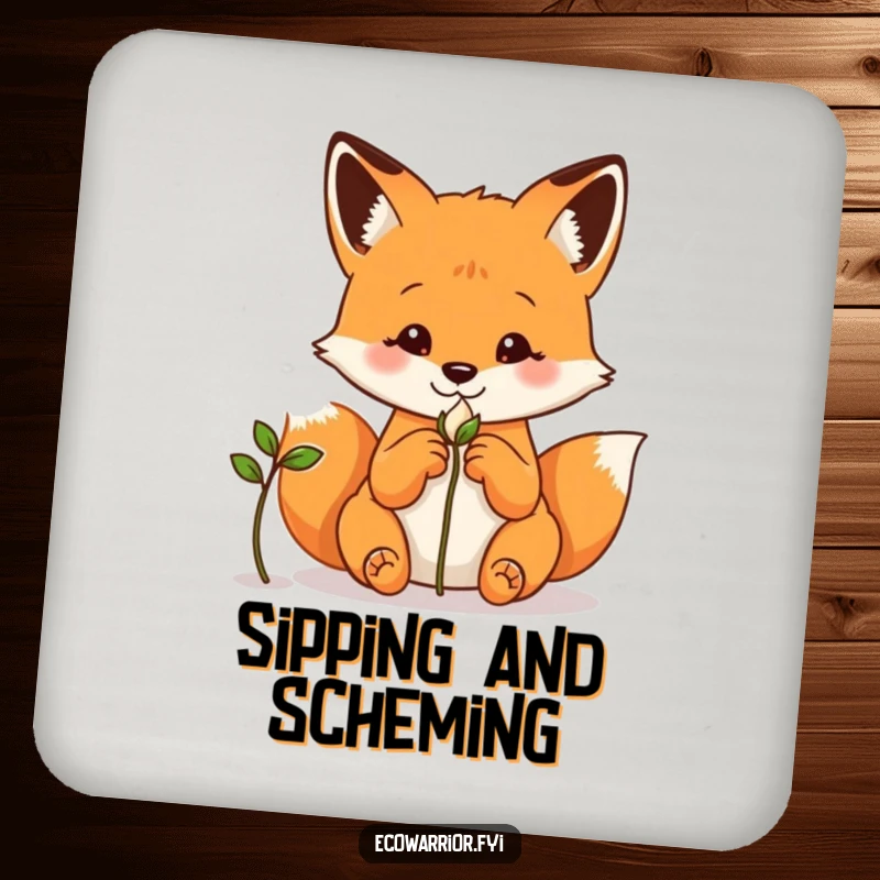 Funny fox drink coaster, hands behind its back, observing a sprout, adding curious charm.