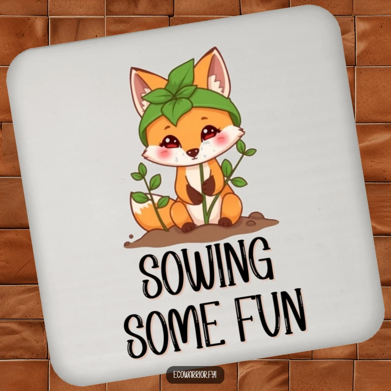 Funny Fox Planting Sapling Drink Coaster with a determined fox in a leaf helmet, protecting surfaces.