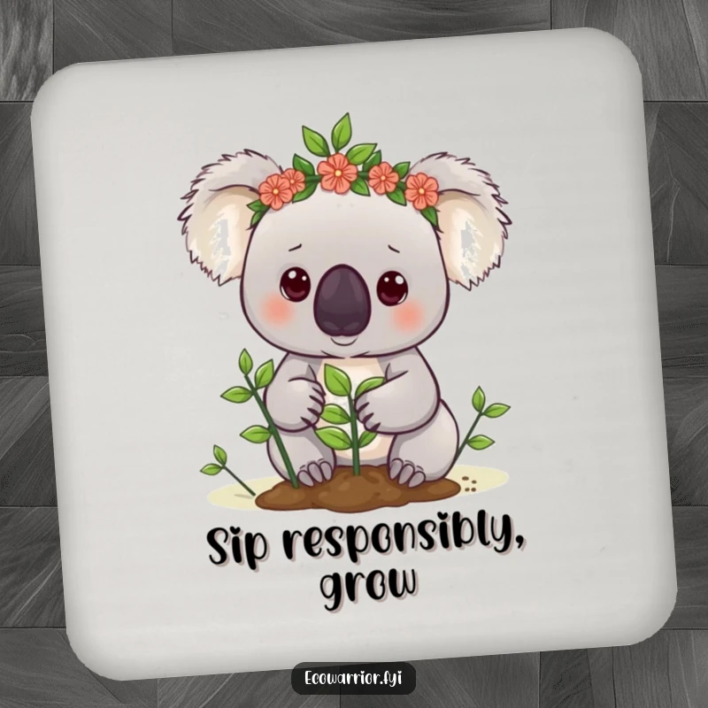 Funny koala drink coaster featuring a cute koala in a leaf crown planting a sapling, protecting tables.