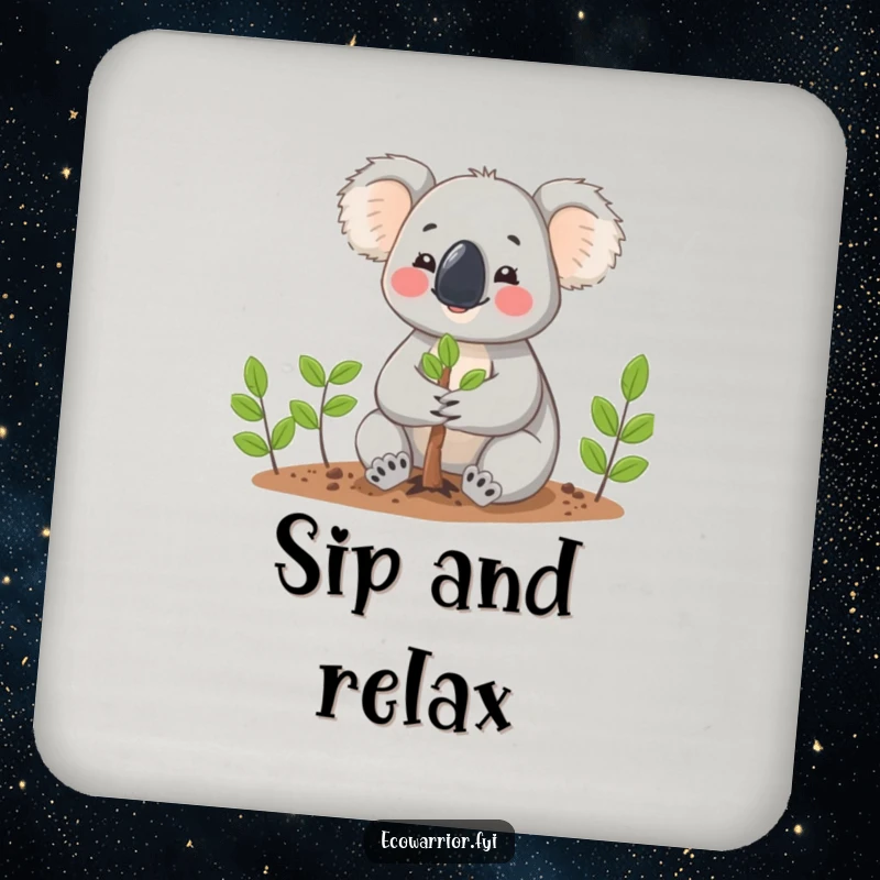 Funny Koala planting a tiny tree with gentle hands, depicted cheerfully on a drink coaster, protecting surfaces with style.