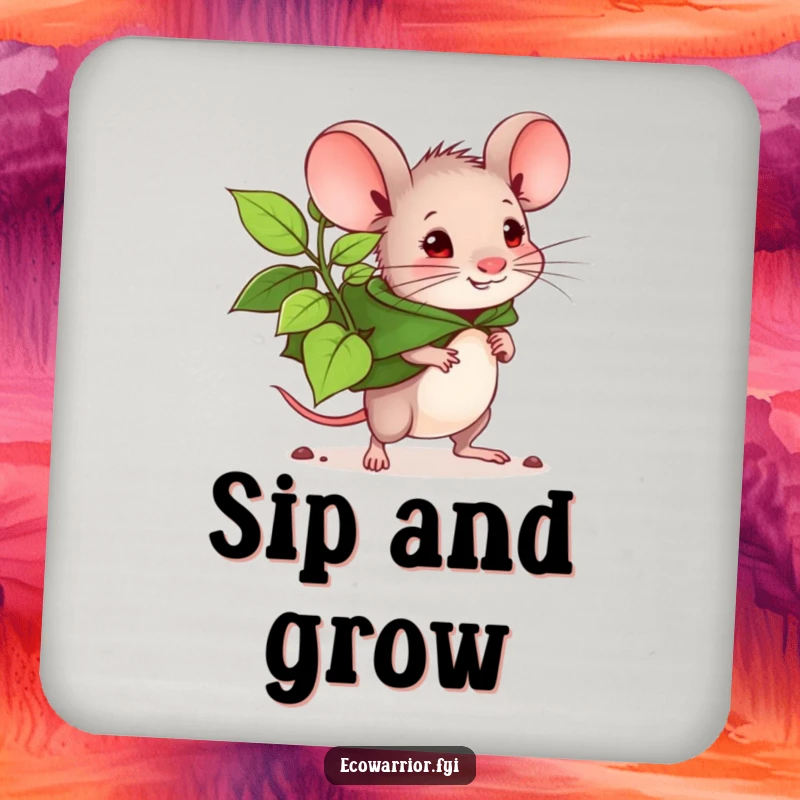Funny mouse planter coaster, determined mouse with leaf cape carrying a large seedling. Protects surfaces with natural charm. Perfect.