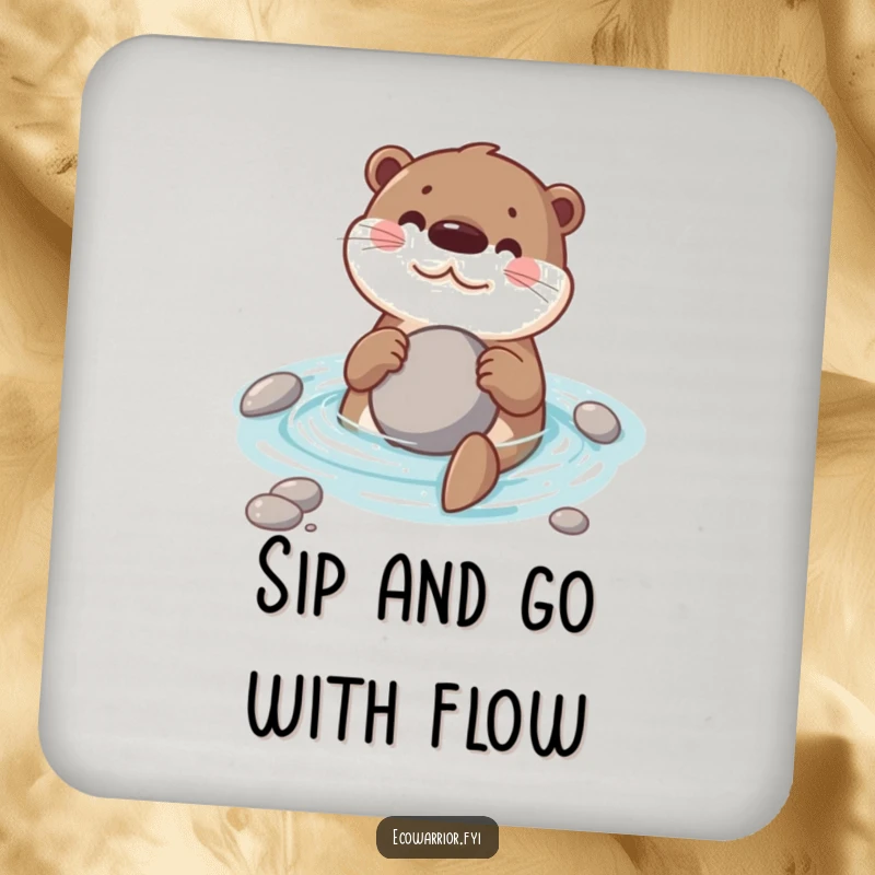 Funny drink coaster with a happy otter swimming, clutching a round stone, protecting surfaces with humor.