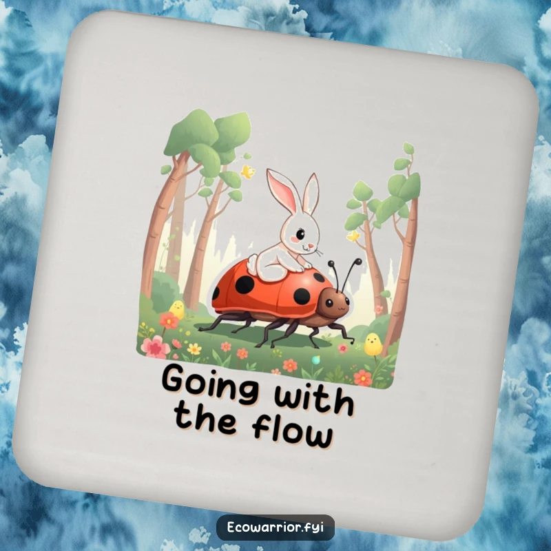 Funny Rabbit Ladybug Drink Coaster with a curious rabbit riding a giant ladybug through a forest, protecting surfaces.