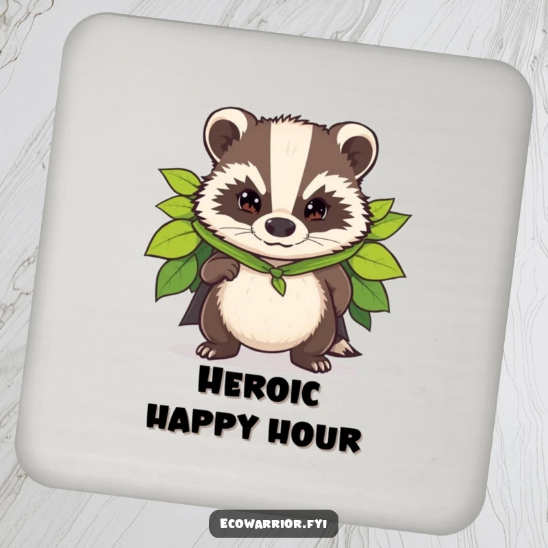 Funny drink coaster showcasing a determined badger wearing a superhero cape of leaves, offering protection with style.