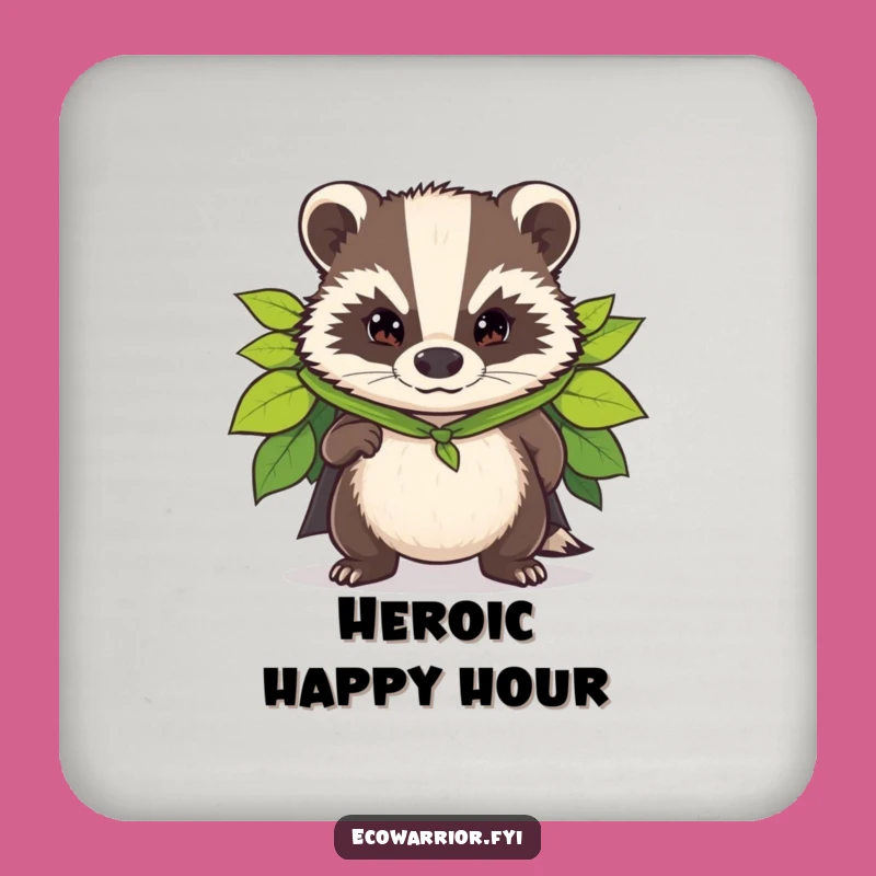 Funny Badger Superhero Drink Coaster: Protect Surfaces, Leaf Cape Hero Gift