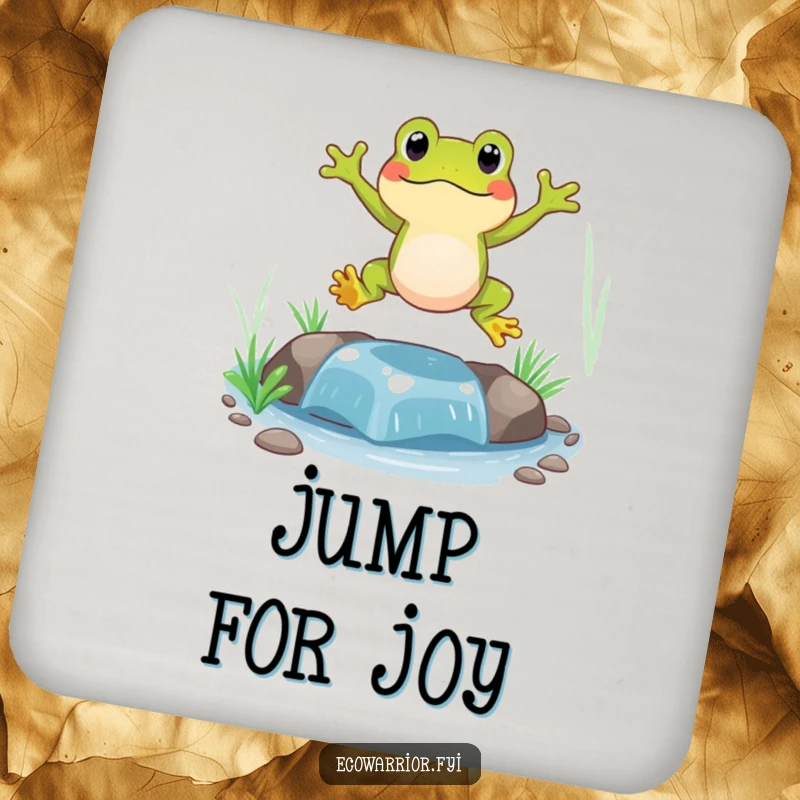 Funny Frog Drink Coaster showing a happy frog jumping over a clean stream, adding a touch of playful decor.