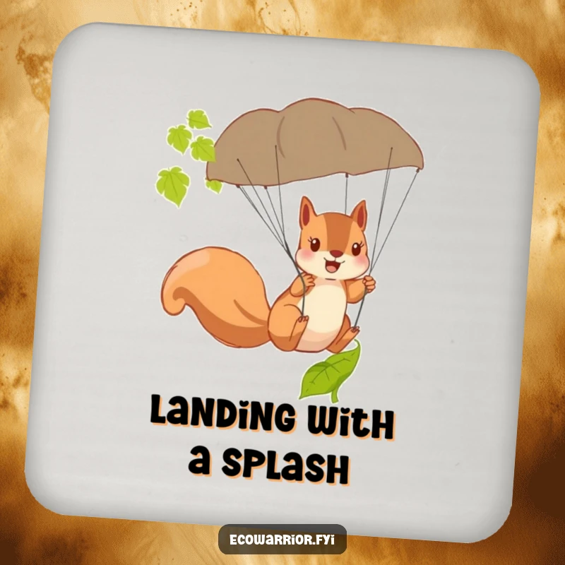 Funny Squirrel Parachute Drink Coaster with a brave squirrel using a fallen leaf as a parachute, protecting surfaces.