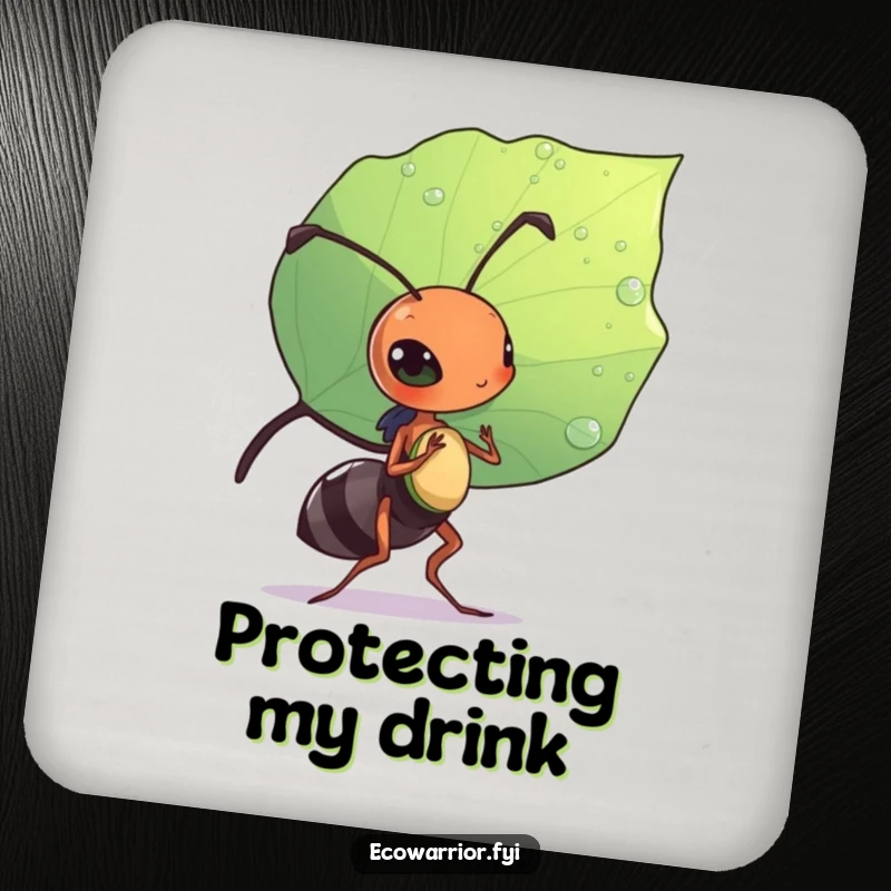 Funny drink coaster with a diligent ant carrying a leaf like a shield, protecting surfaces with humor.