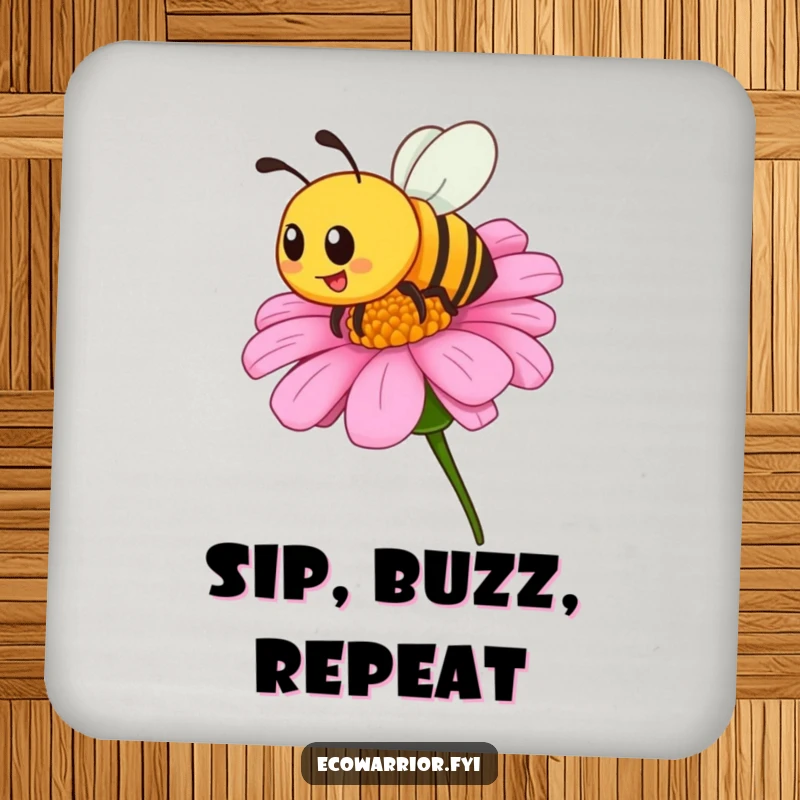 Funny drink coaster featuring a proud bee buzzing around a wildflower, protecting surfaces with a splash of humorous natural beauty.