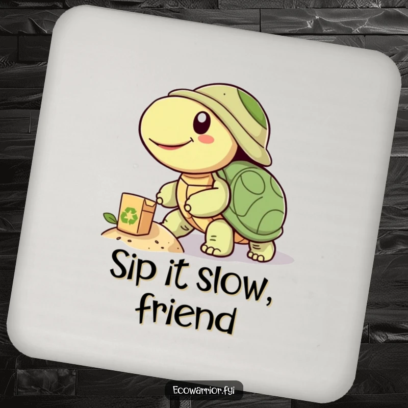 Funny drink coaster featuring a smiling turtle pushing a recycled object uphill, protecting surfaces with a splash of humorous eco-awareness.