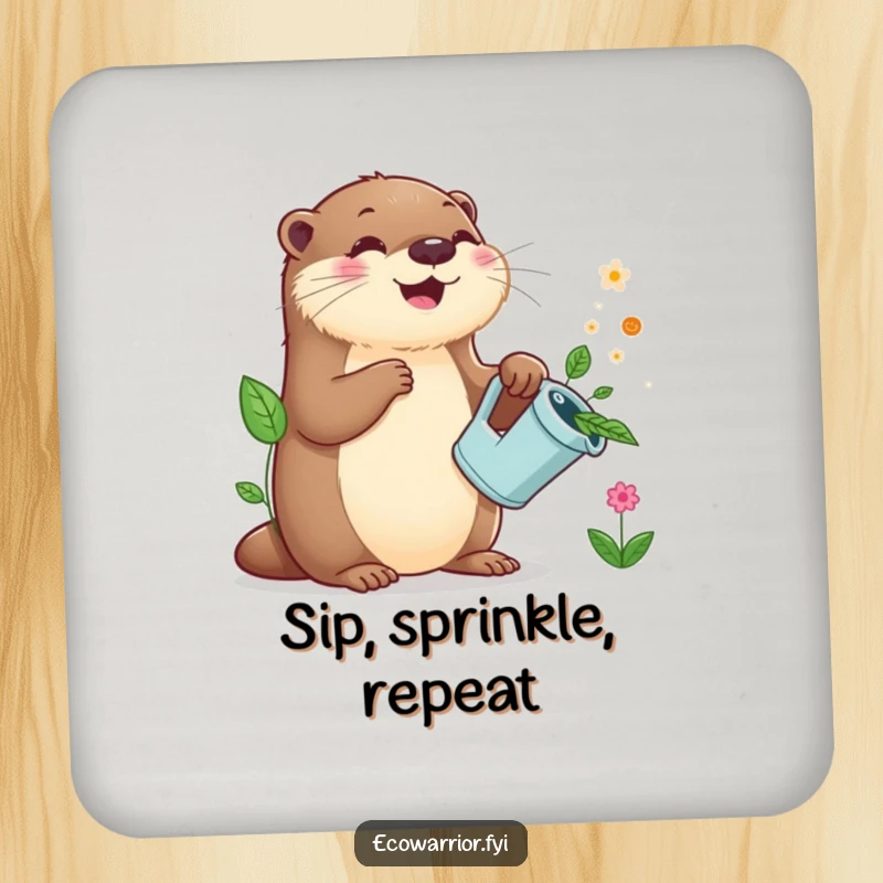 Funny Otter Gardener Coasters: An otter with a leaf watering can sprinkles plants, adding a cute and protective touch.