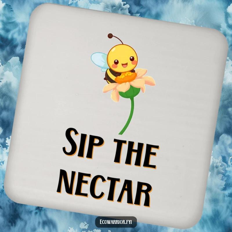 Funny drink coaster with a happy bee character pollinating a vibrant wildflower, adding vibrant nature humor.