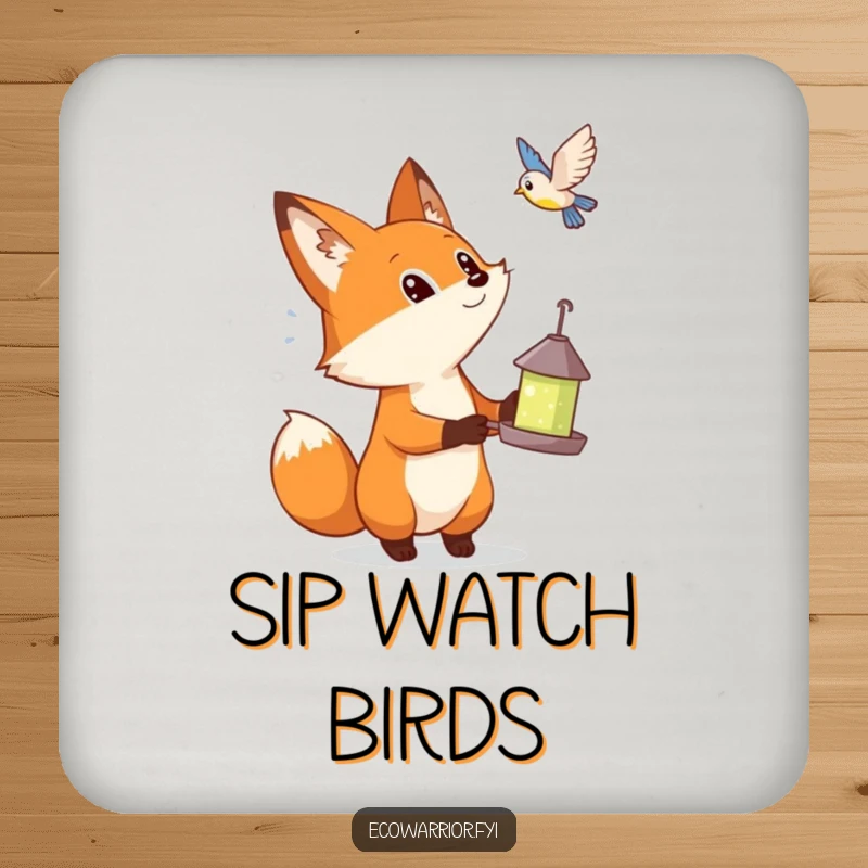 Funny drink coasters featuring a curious fox with a bird feeder, admiring a bird, protecting surfaces with humor.