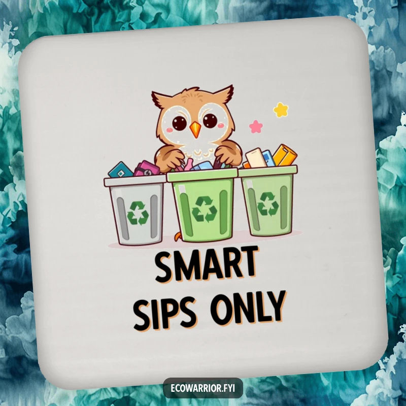 Funny Proud Owl Recycling Drink Coaster: Proud owl sorting recyclables with precision, protecting surfaces with eco-style.