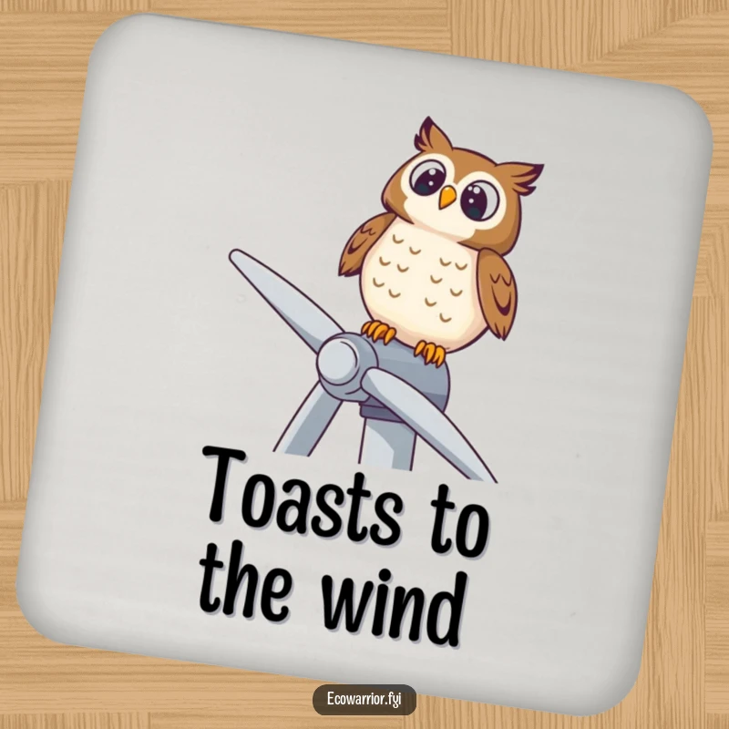 Funny drink coaster featuring a delighted owl perched on a wind turbine, looking upwards, adding wisdom to any table.