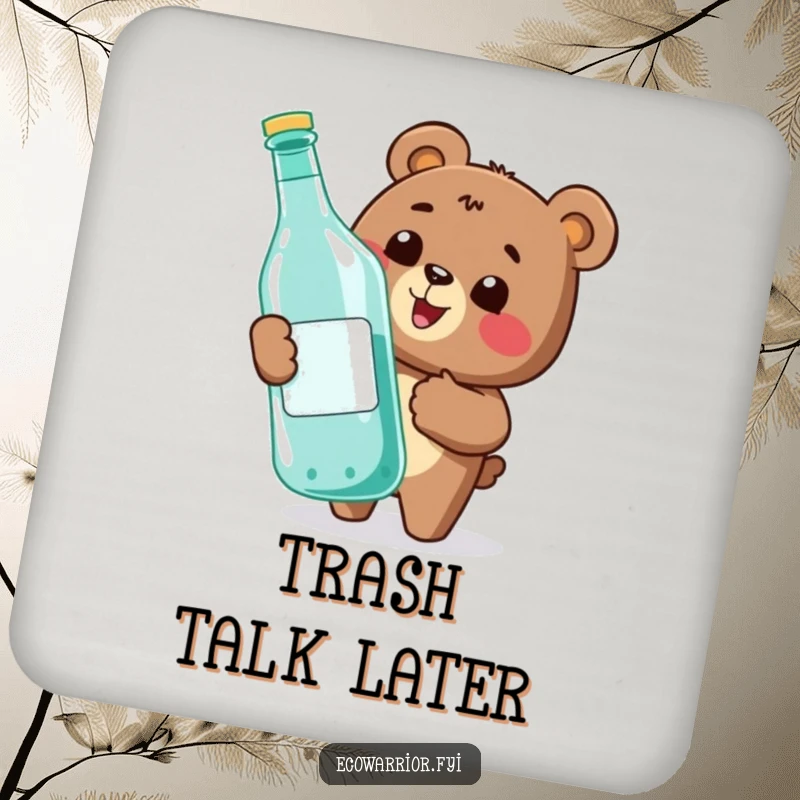 Funny coaster featuring a happy bear giving a thumbs-up while recycling a large bottle, adding humorous eco-protection to surfaces.