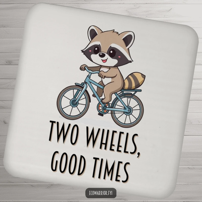 Funny drink coaster featuring a smiling raccoon riding a bicycle made from recycled parts, bringing eco-friendly charm.