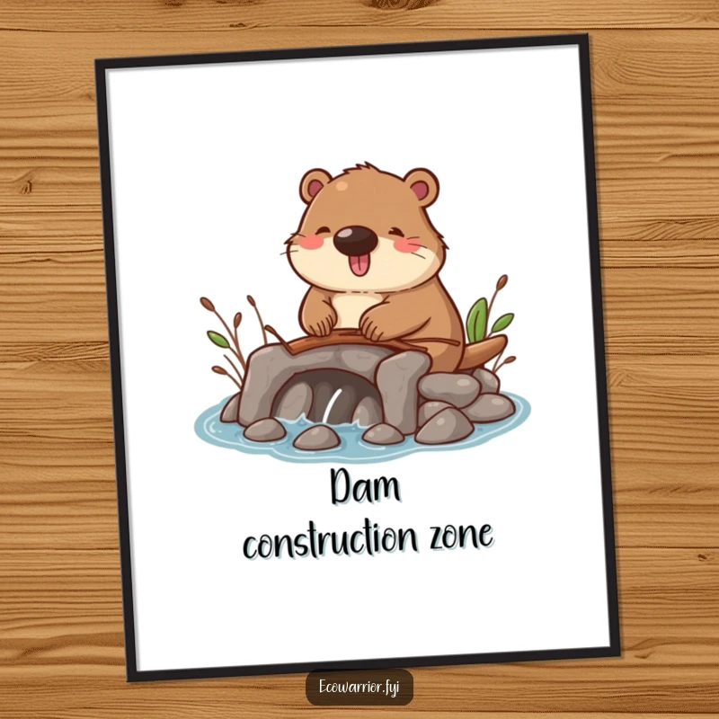 Funny poster showing a happy beaver focused on building a small dam using twigs, a charming depiction of natural engineering.