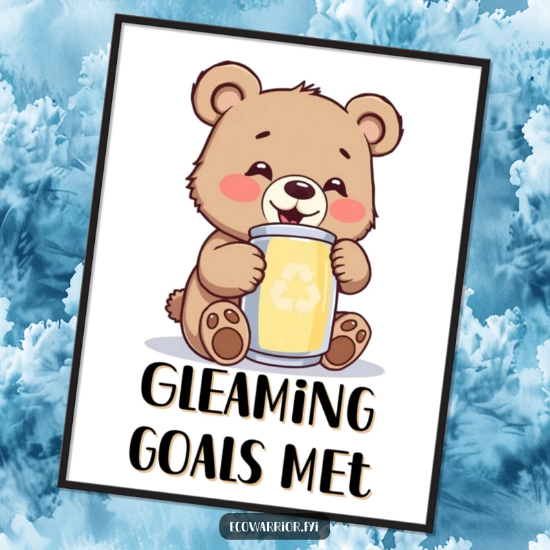 Funny bear cub poster, depicting a gleeful cub polishing a lustrous recycled can, celebrating joy in environmental responsibility.