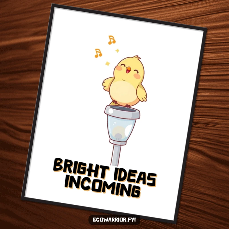 Funny poster art of a happy bird singing on a solar garden light, capturing cheerful morning vibes and outdoor delight, great decor.