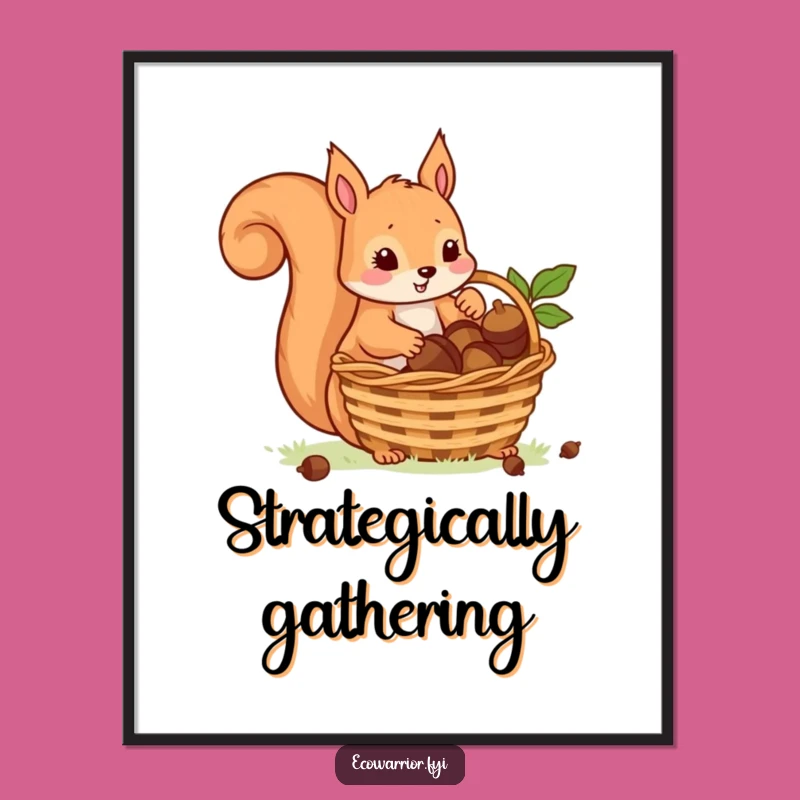 Funny Busy Squirrel Poster: Playful Acorn Collector with Basket, Hilarious Wall Art Gift