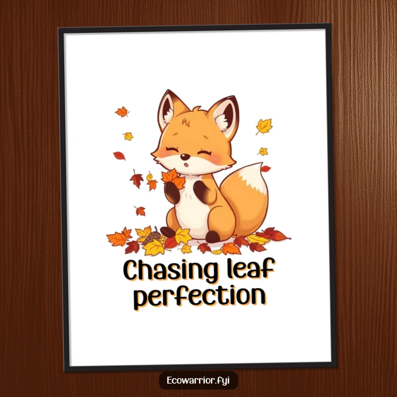 Funny Poster featuring a small fox joyfully collecting a large pile of colorful fallen autumn leaves.