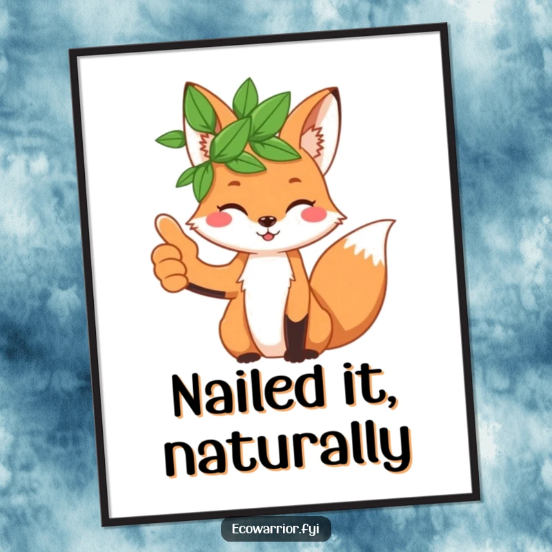 Funny playful fox wearing a leaf crown and giving a thumbs up, depicted artistically on a poster.