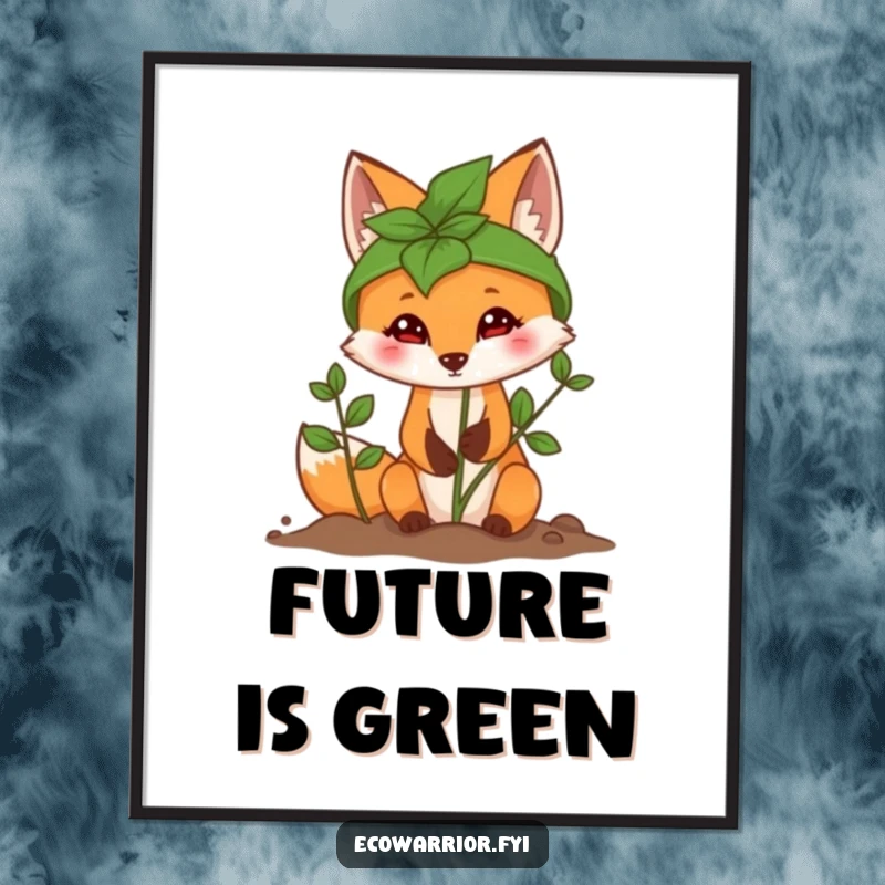 Funny Fox Planting Sapling Poster featuring a determined fox wearing a leaf helmet, promoting environmental action.