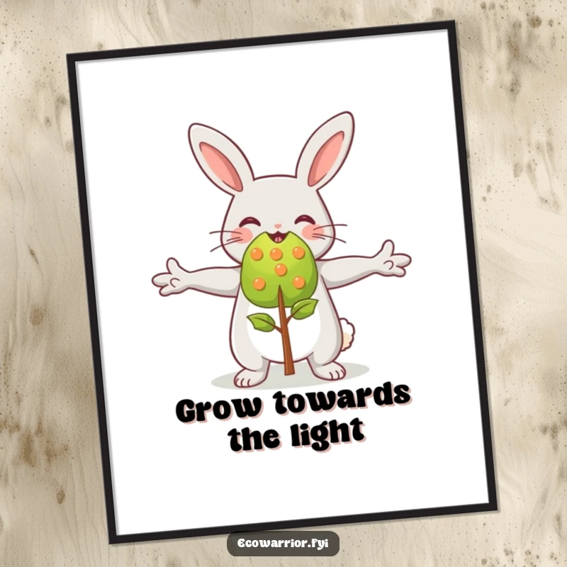 Funny happy rabbit character embracing a vibrant green sapling, creating an inspiring and joyful nature-themed poster.