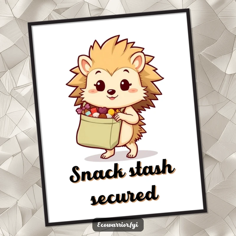 Funny hedgehog character carrying a reusable shopping bag filled with treats, depicted as a humorous poster for eco-themed decor.
