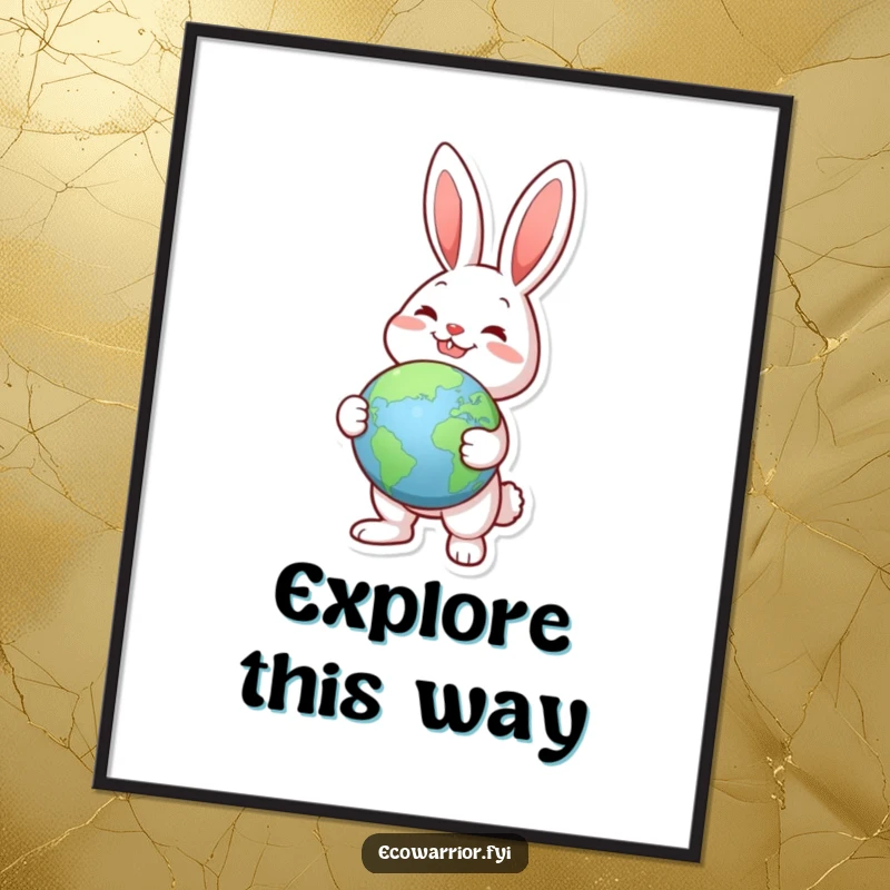 Funny Joyful Rabbit Globe Poster: Joyful rabbit holding a globe, pointing to a green landmass, inspirational wall art.