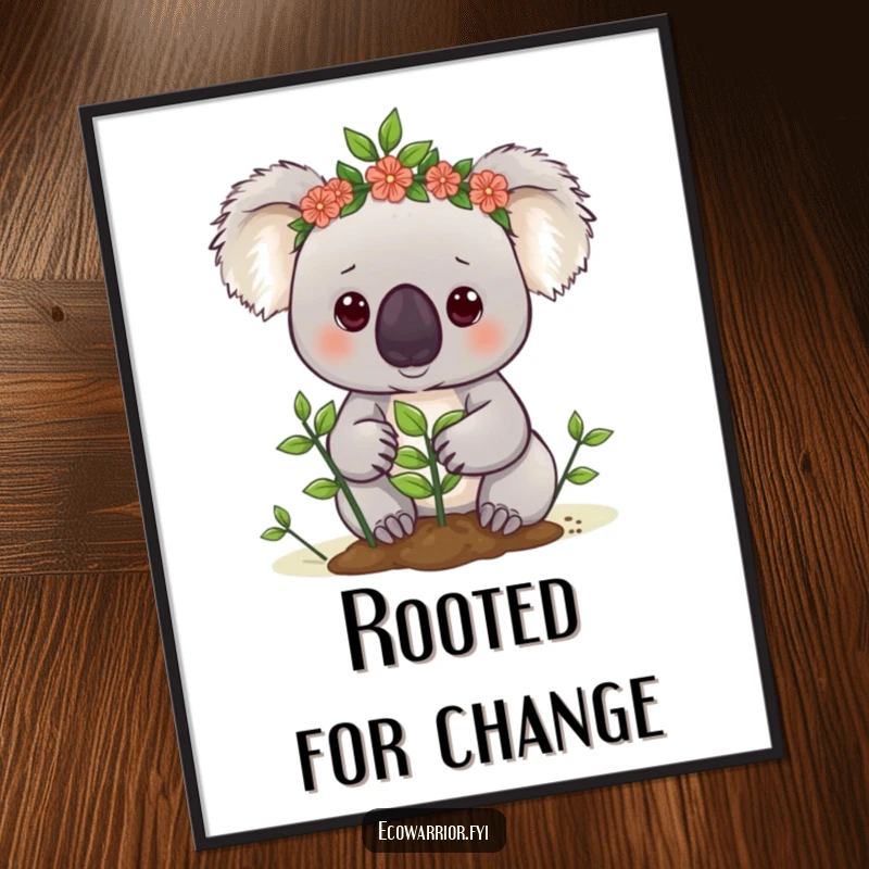 Funny koala poster print of a cute koala in a leaf crown planting a tiny sapling with determination, inspiring art.
