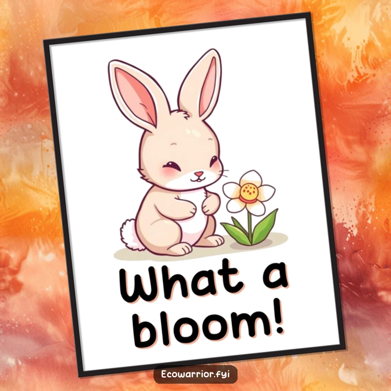 Funny rabbit character intently inspecting a blooming flower on a poster, highlighting curiosity and the delicate beauty of nature, perfect for funny art collectors.