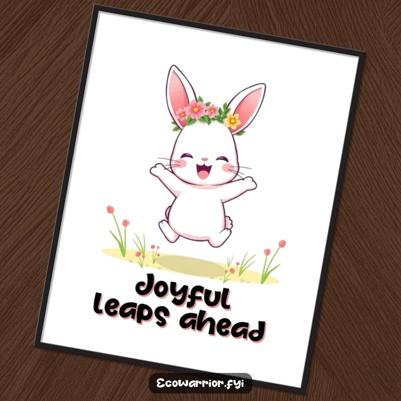 Funny rabbit poster, adorned with a flower crown, captured in a joyous leap across a vibrant field.