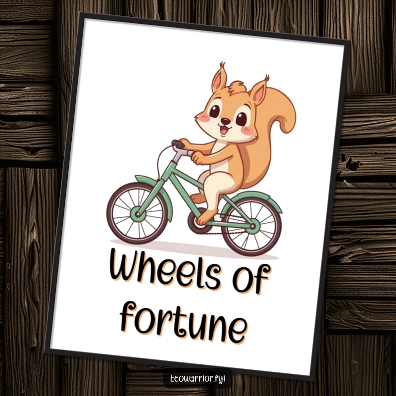 Funny Squirrel Poster: Playful squirrel smiling while riding a bicycle made of recycled materials, promoting green living, a funny gift.