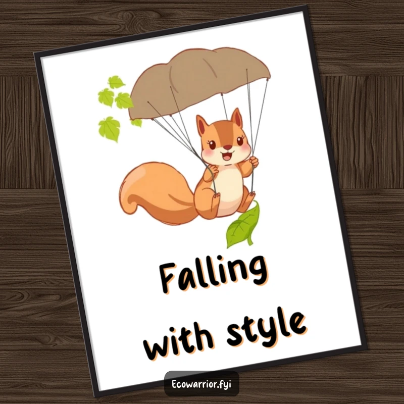 Funny Squirrel Parachute Poster showcasing a brave squirrel using a fallen leaf as a parachute during a daring descent.