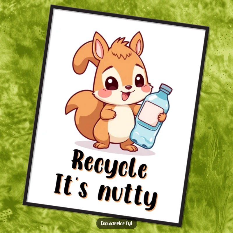 Funny squirrel illustration with a determined look, collecting plastic bottles on a poster, celebrating eco-action with humor.