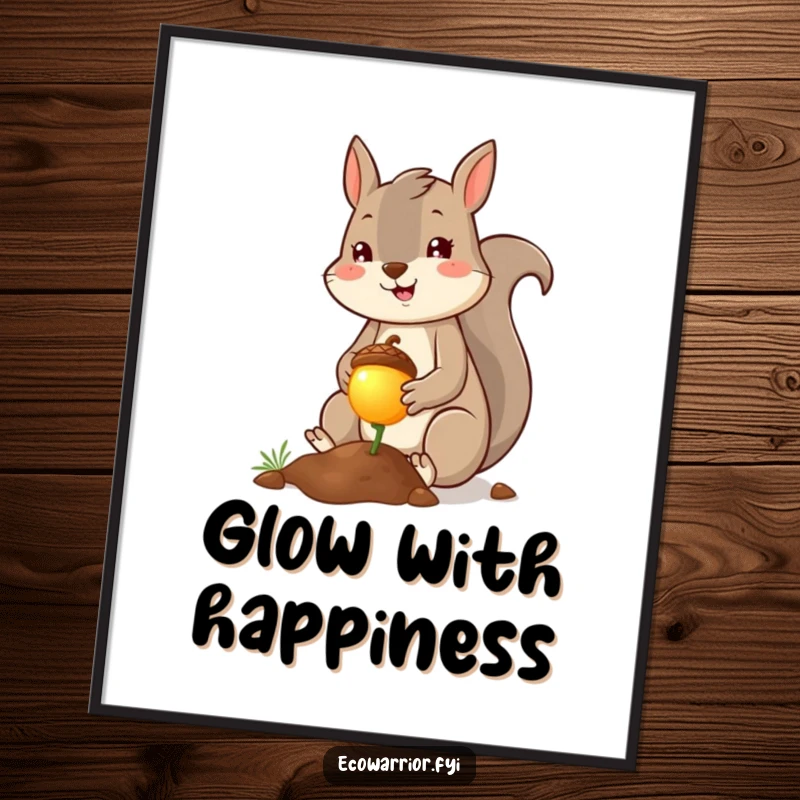 Funny squirrel planter poster, cheerful squirrel planting a tiny glowing acorn with a smile. Whimsical wall art celebrating nature's magic. Great.