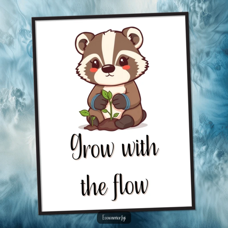 Funny badger gardener poster showing a determined character with gloves, caring for a sprout, adding humorous wall art.