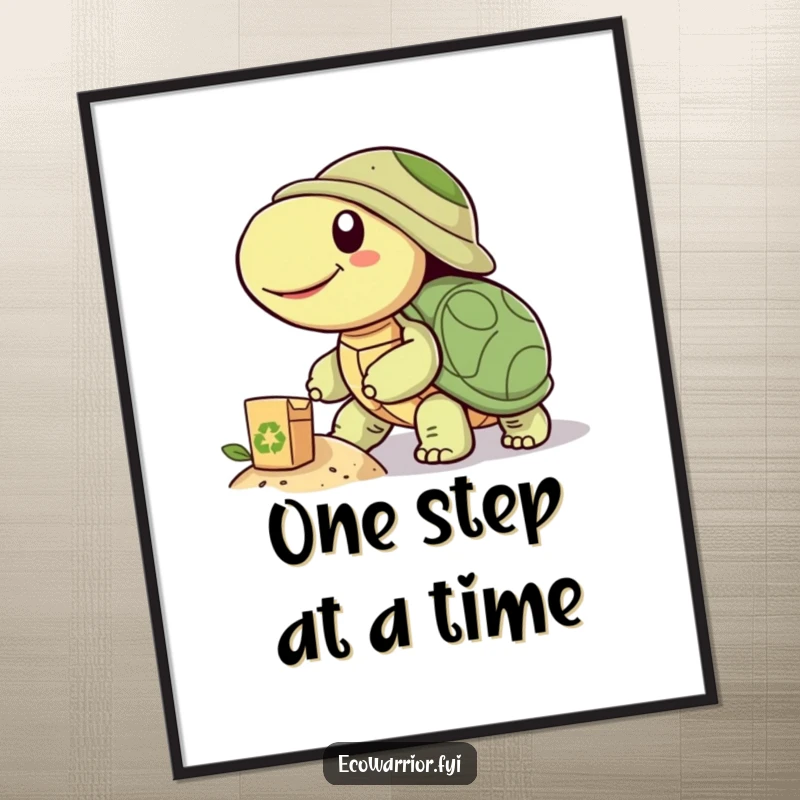 Funny poster art of a smiling turtle pushing a recycled object uphill, representing perseverance and eco-awareness with gentle humor, great decor.