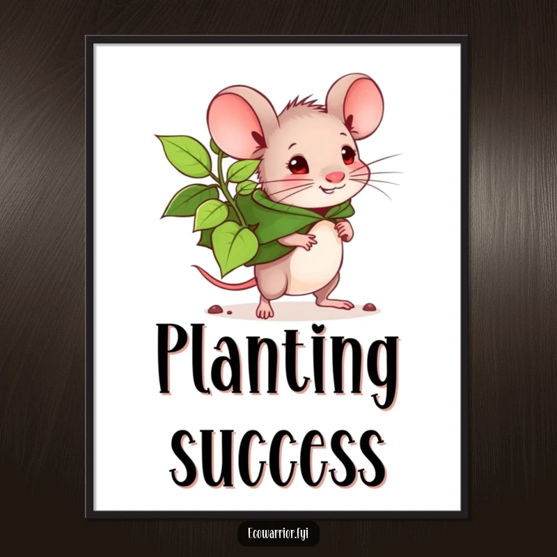 Funny mouse planter poster, determined mouse with leaf cape carrying a large seedling. Whimsical art celebrating nature and effort. Great.