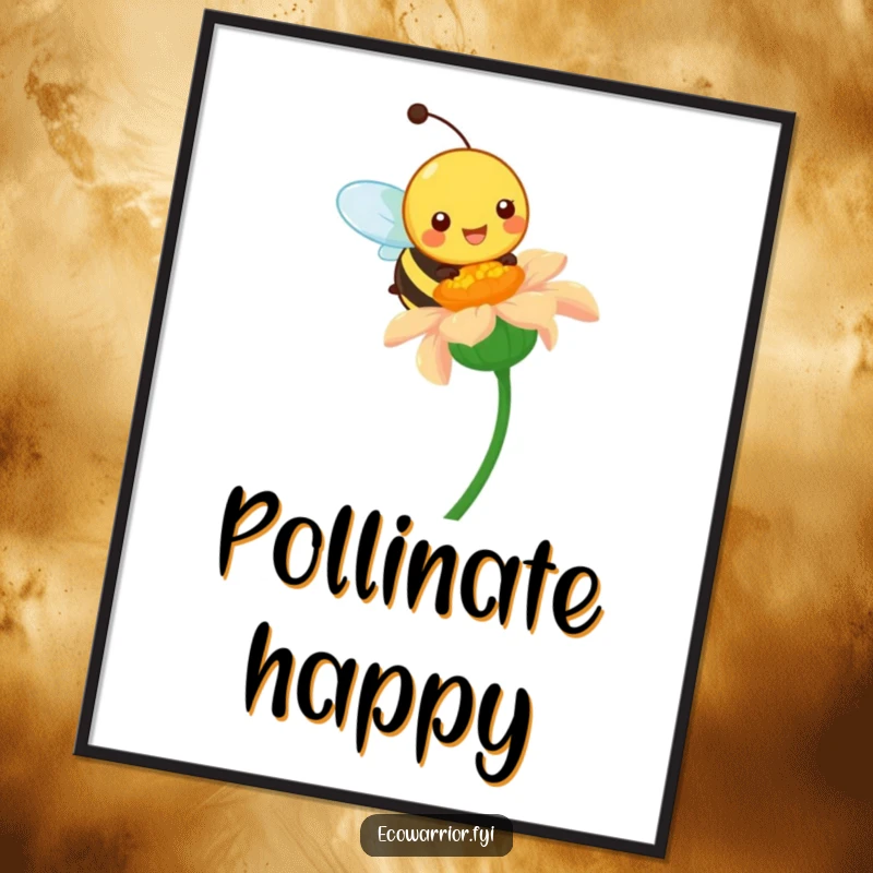 Funny poster featuring a happy bee character pollinating a vibrant wildflower, showcasing nature's beauty and humor.
