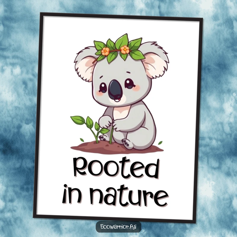 Funny Koala Poster: Cute koala with a leaf crown determinedly planting a tiny sapling, symbolizing growth, a great funny gift.