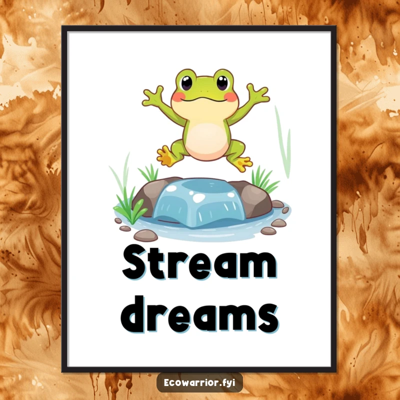 Funny Frog Poster capturing a dynamic frog mid-air, gracefully jumping over a crystal-clear stream, evoking playful energy.
