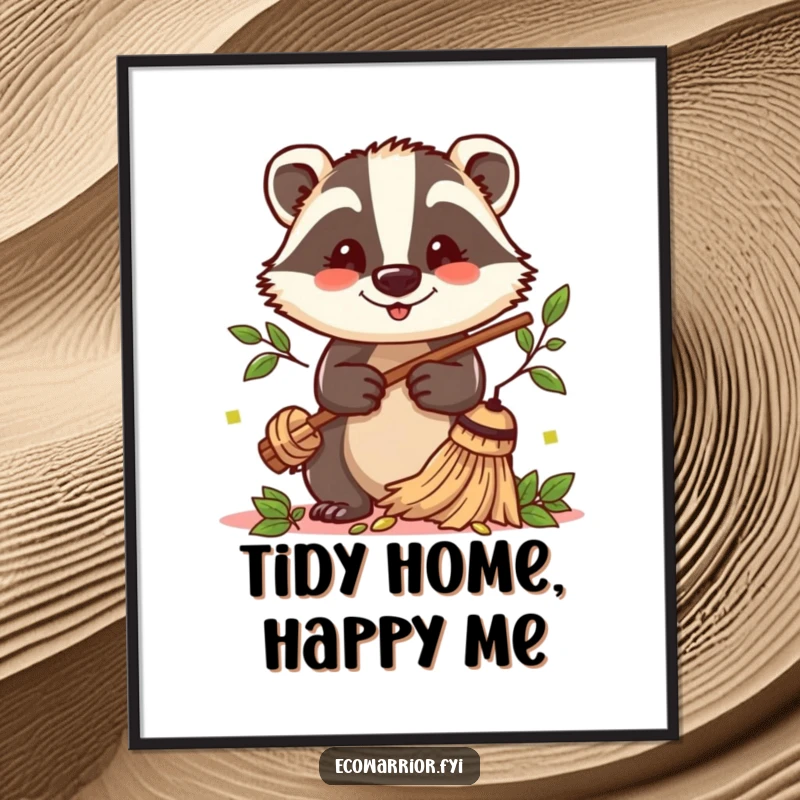 Funny Badger Sweeper Poster: A cheerful badger uses a twig broom to sweep fallen leaves, creating a tidy scene.